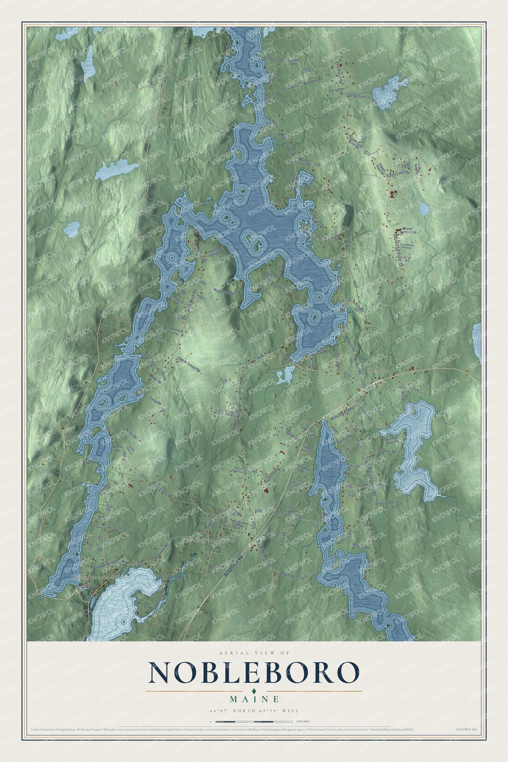 Aerial map of Nobleboro, Maine, showing roads, buildings, ponds and waterways, and terrain