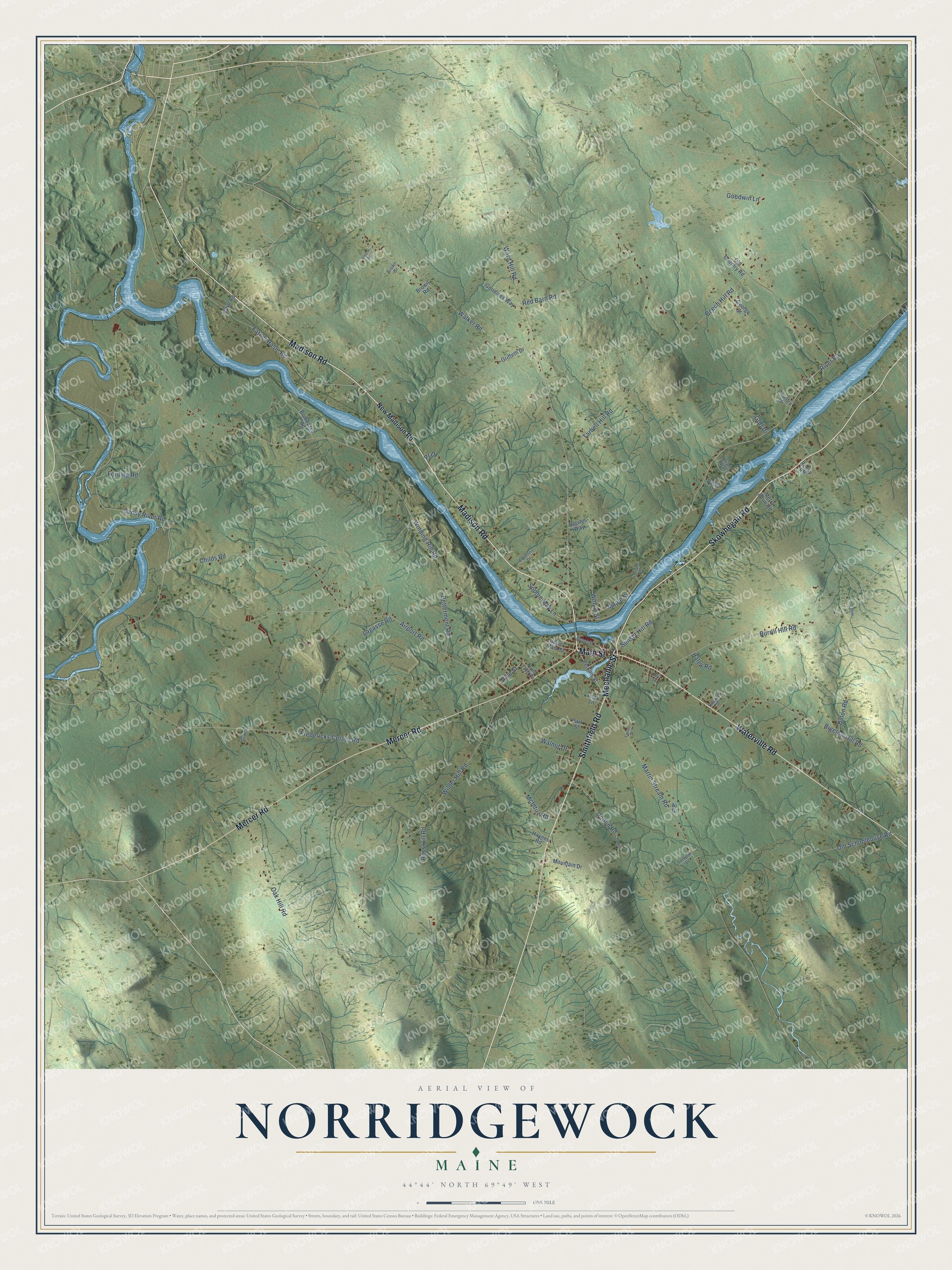 Aerial map of Norridgewock, Maine, showing roads, buildings, ponds and waterways, and terrain