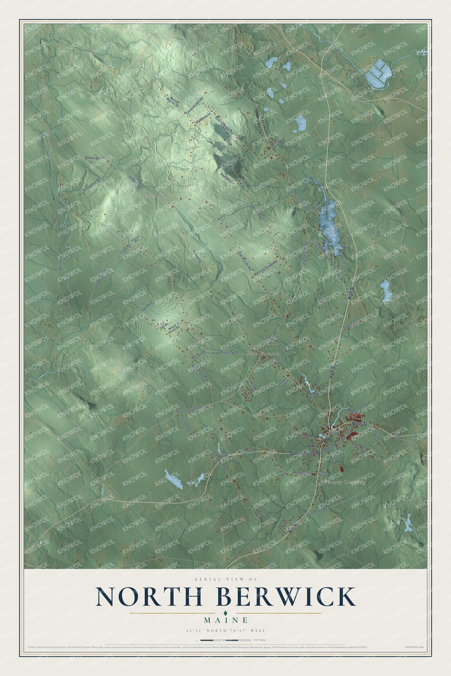 Aerial map of North Berwick, Maine, showing roads, buildings, ponds and waterways, and terrain