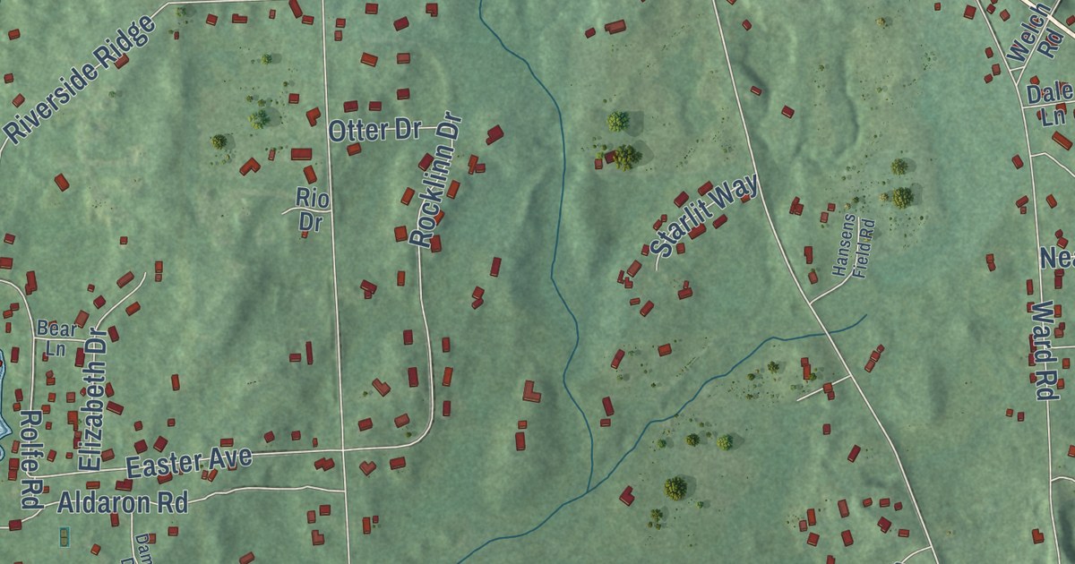 Close-up of streets and buildings in North Windham, Maine