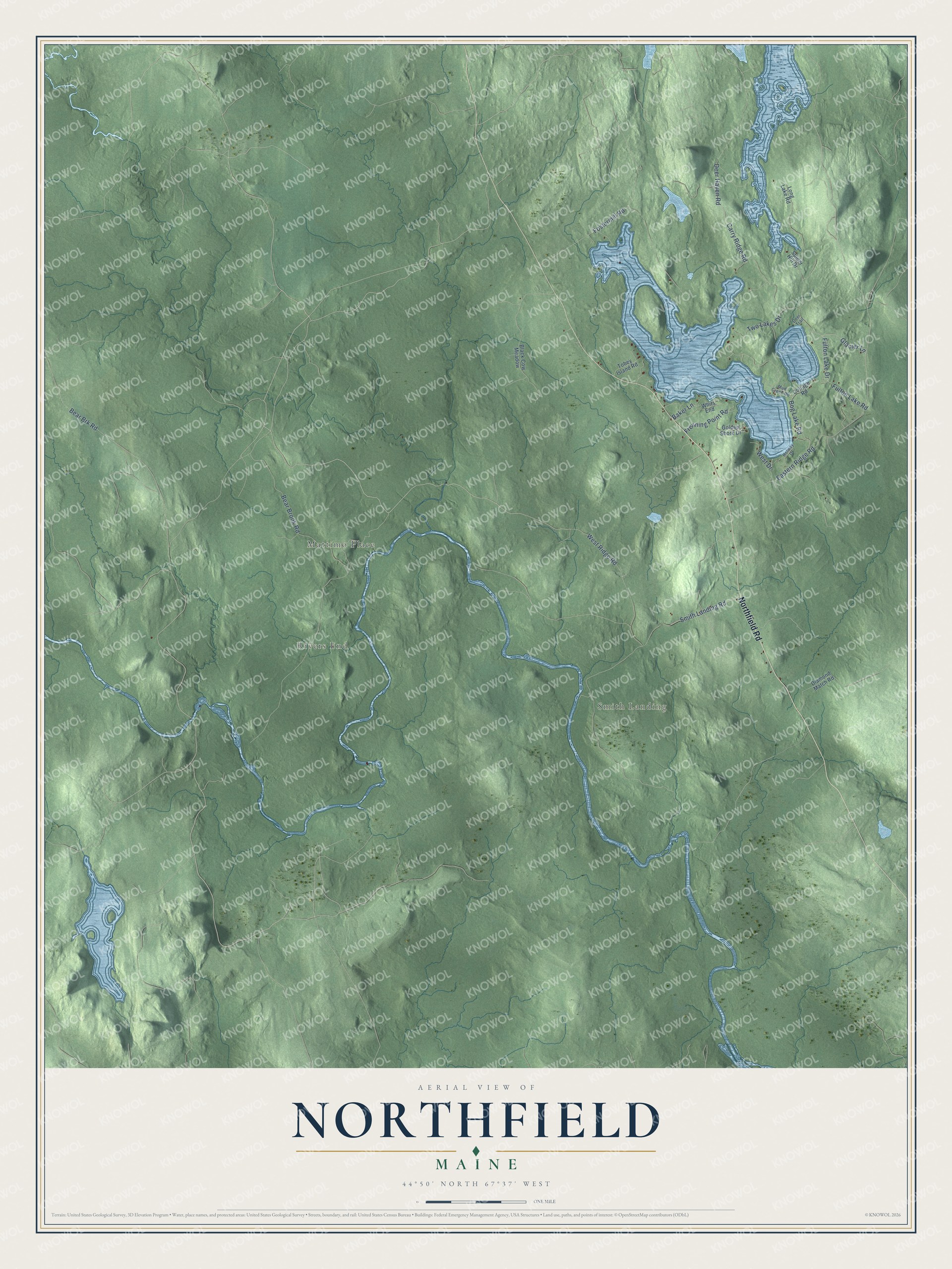 Aerial map of Northfield, Maine, showing roads, buildings, ponds and waterways, and terrain