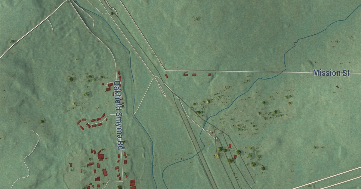 Close-up of streets and buildings in Oakfield, Maine