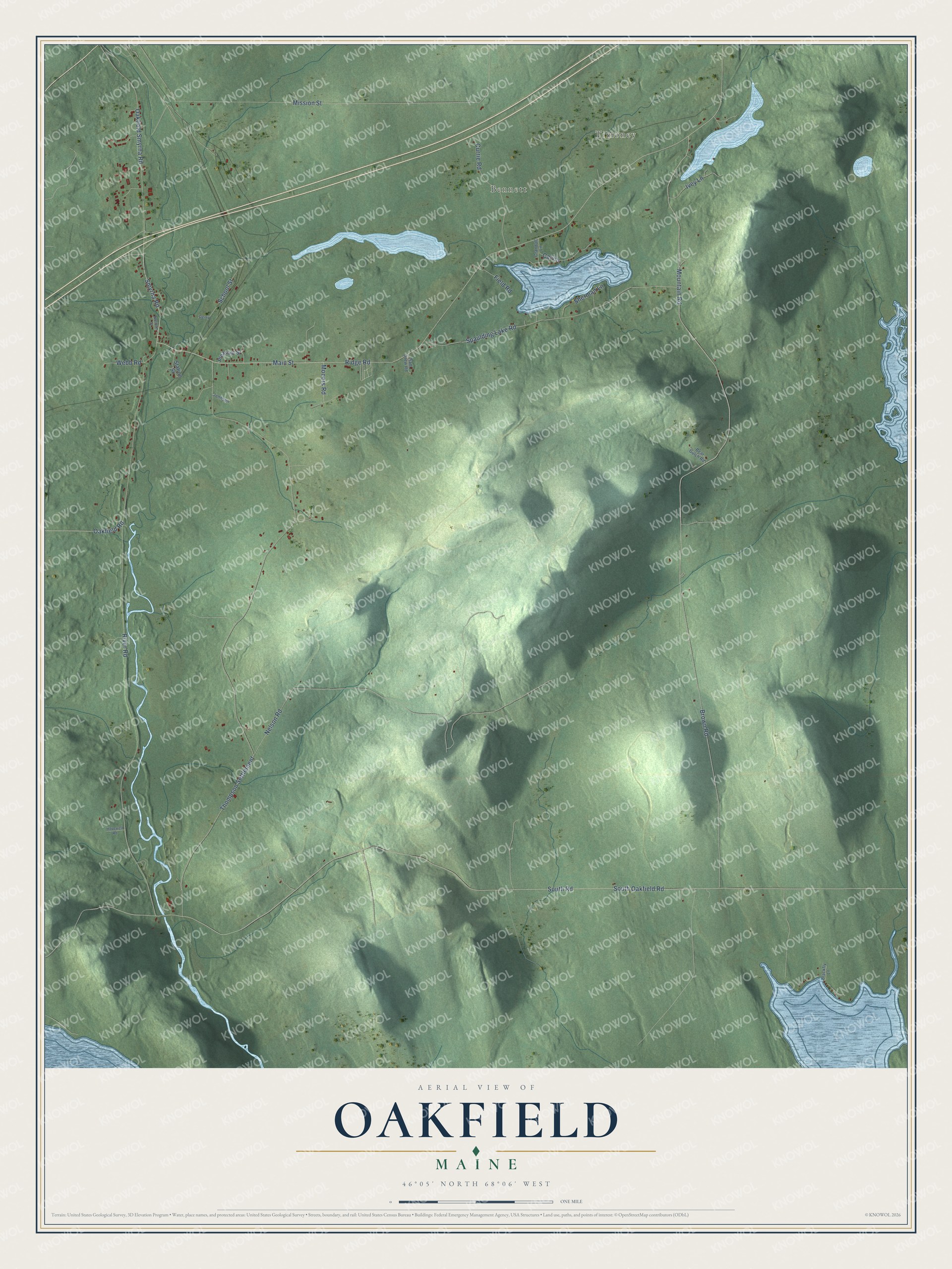 Aerial map of Oakfield, Maine, showing roads, buildings, ponds and waterways, and terrain