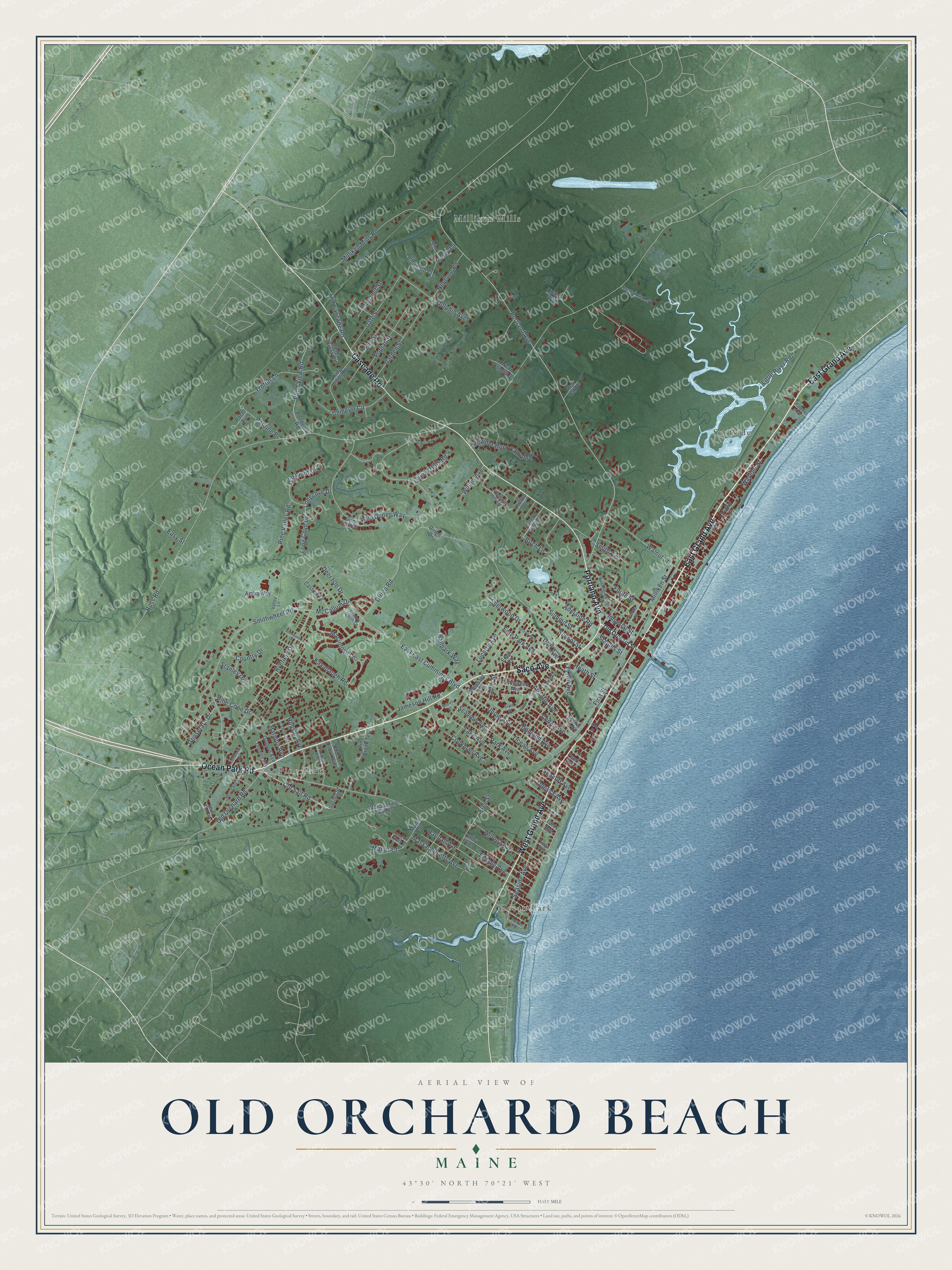 Aerial map of Old Orchard Beach, Maine, showing streets, buildings, beach, waters and terrain