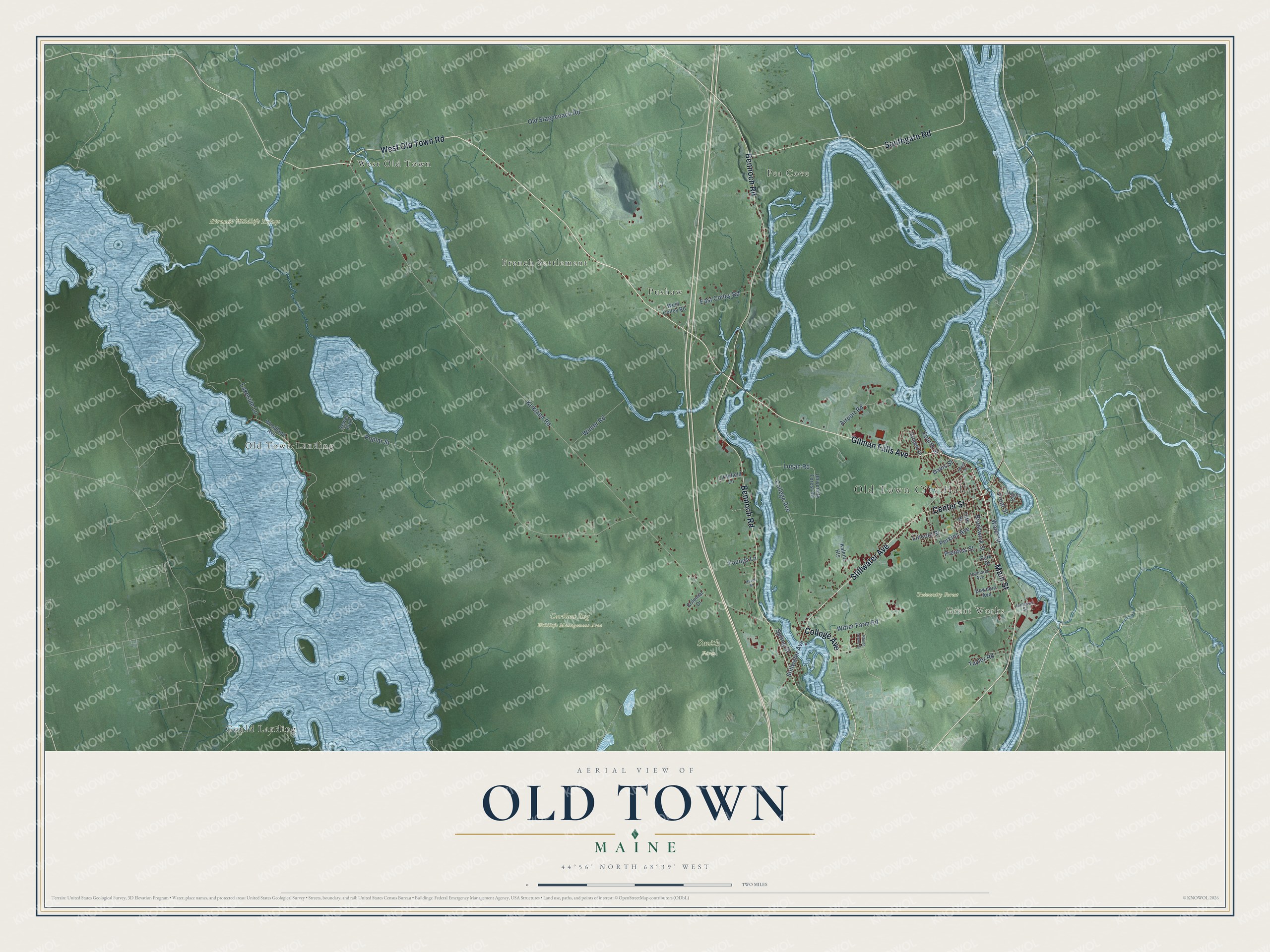 Aerial map of Old Town, Maine, showing streets, buildings, rivers, lakes and terrain