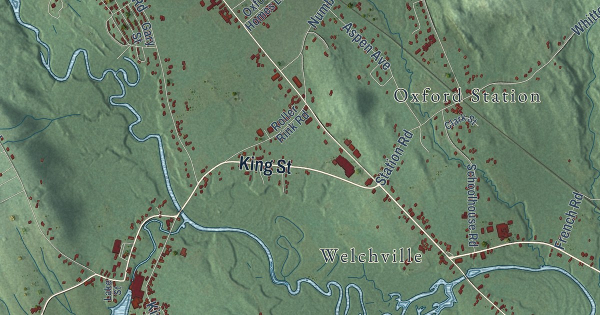 Close-up of streets and buildings in Oxford, Maine