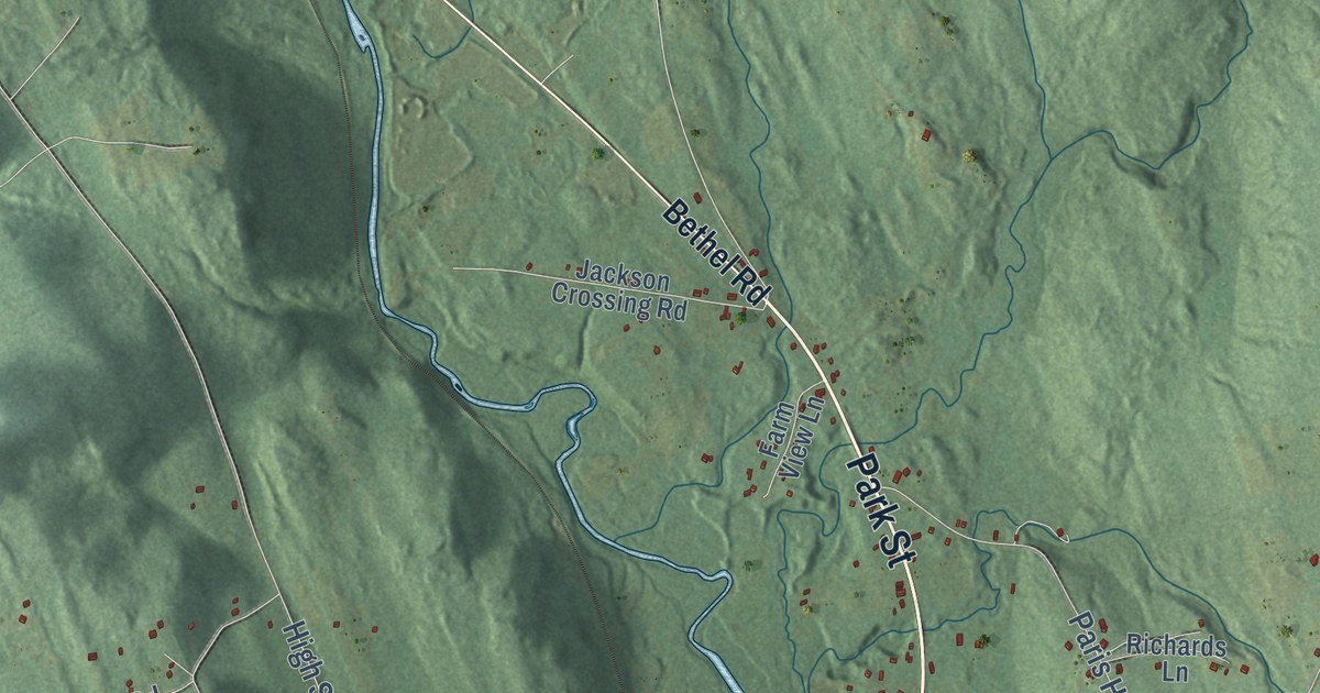 Close-up of streets and buildings in Paris, Maine