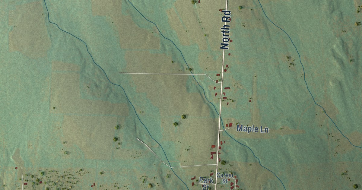 Close-up of streets and buildings in Patten, Maine