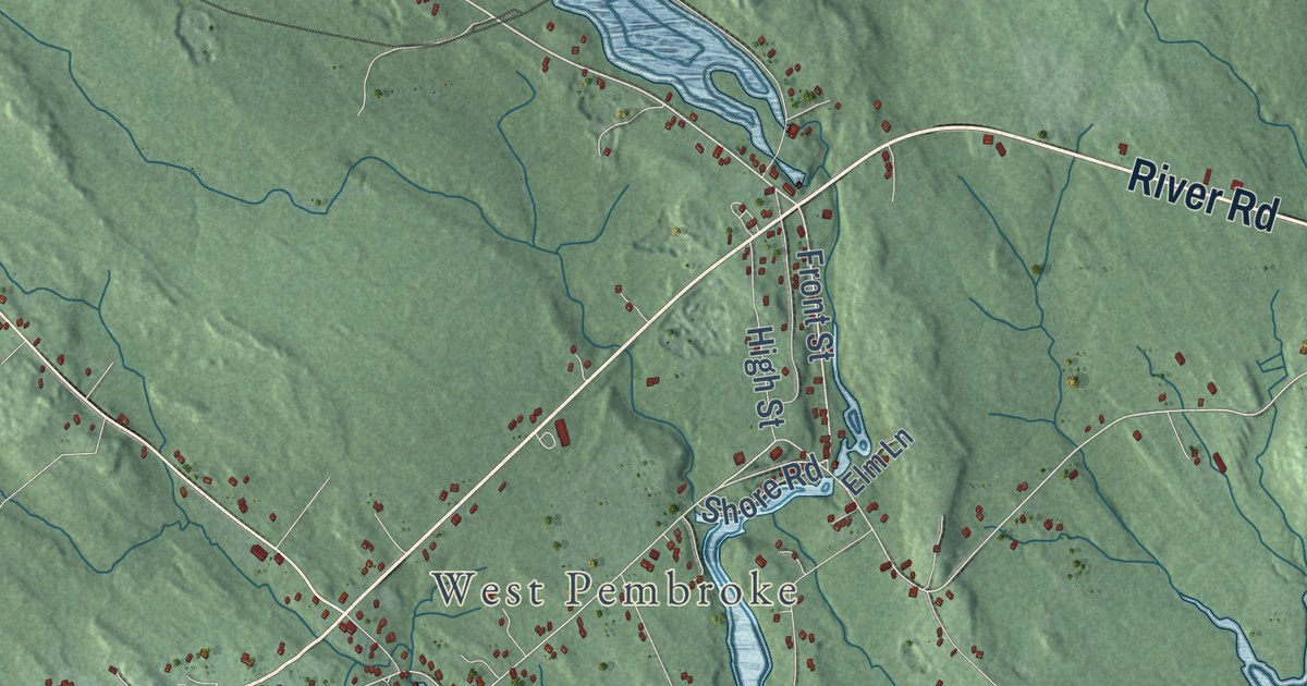 Close-up of streets and buildings in Pembroke, Maine