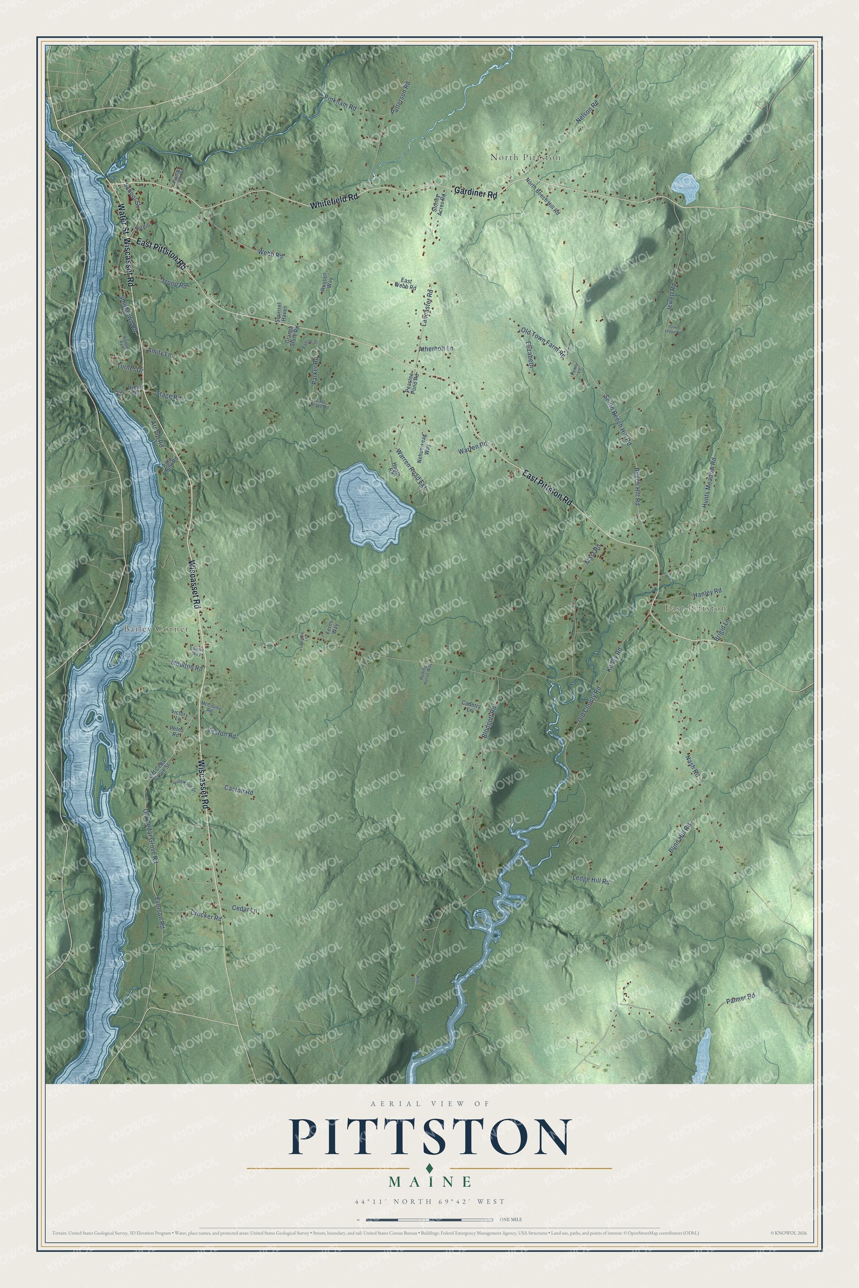 Map of Pittston, Maine, from Joys Pond and Nehumkeag Pond to East Pittston and the Wiscasset Road