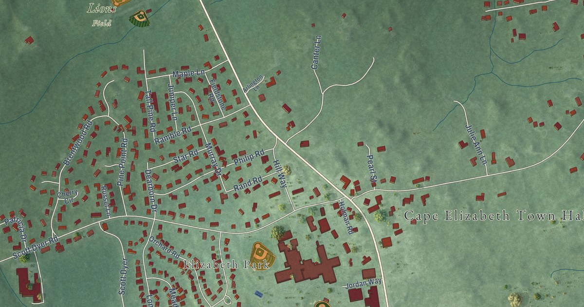 Close-up of streets and buildings in Pond Cove, Maine