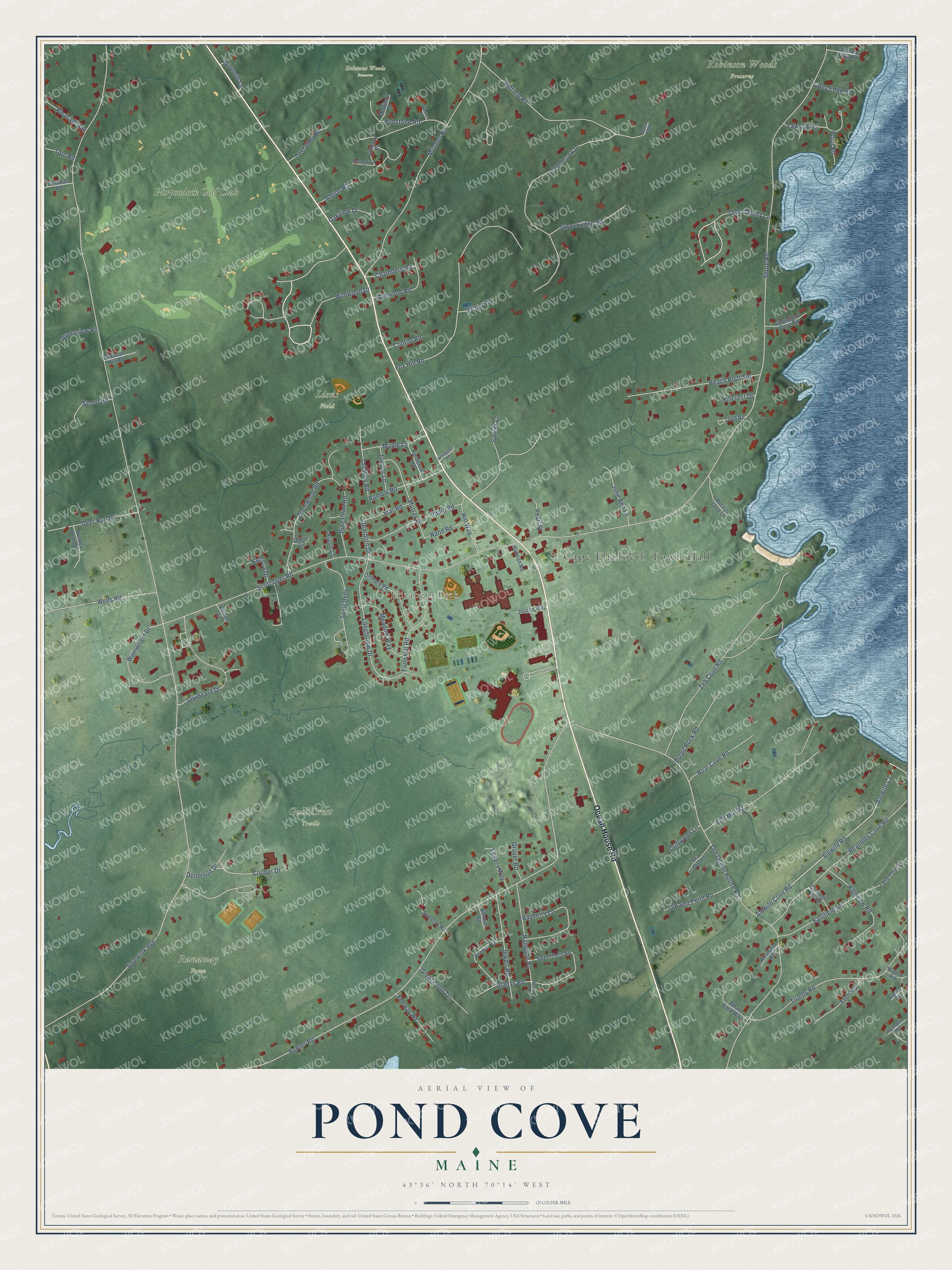 Full map of Pond Cove, Maine, with red buildings, printed street names and the land around them