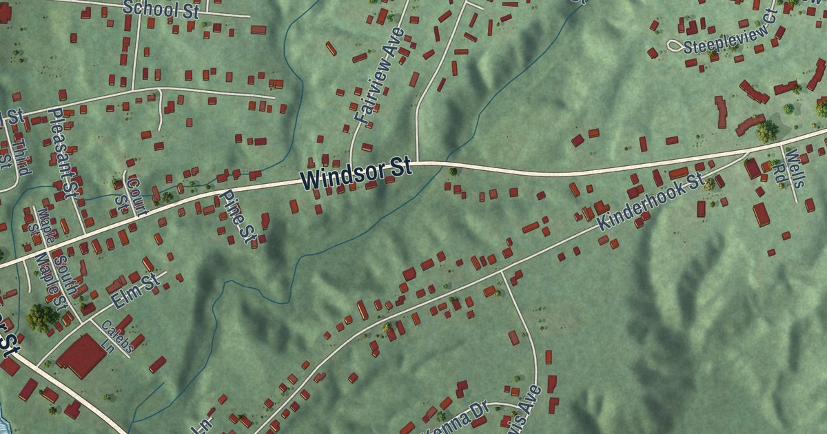 Close-up of streets and buildings in Randolph, Maine