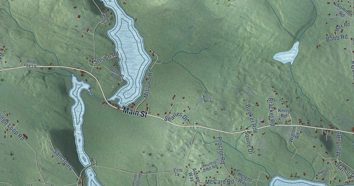 Close-up of streets and buildings in Rangeley, Maine