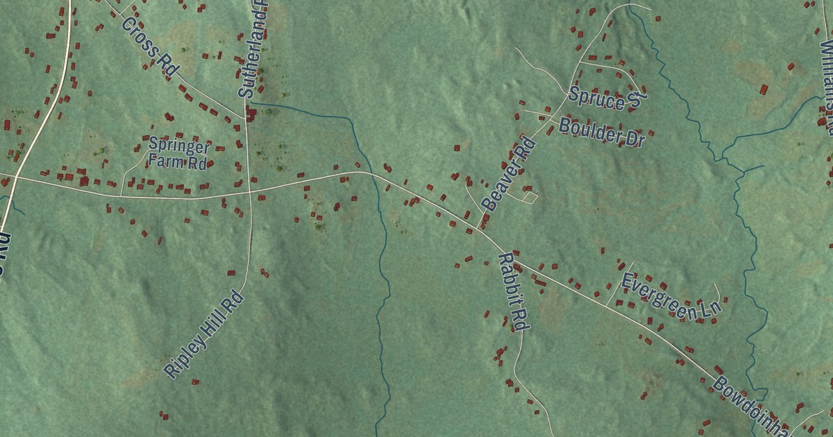 Close-up of streets and buildings in Sabattus, Maine