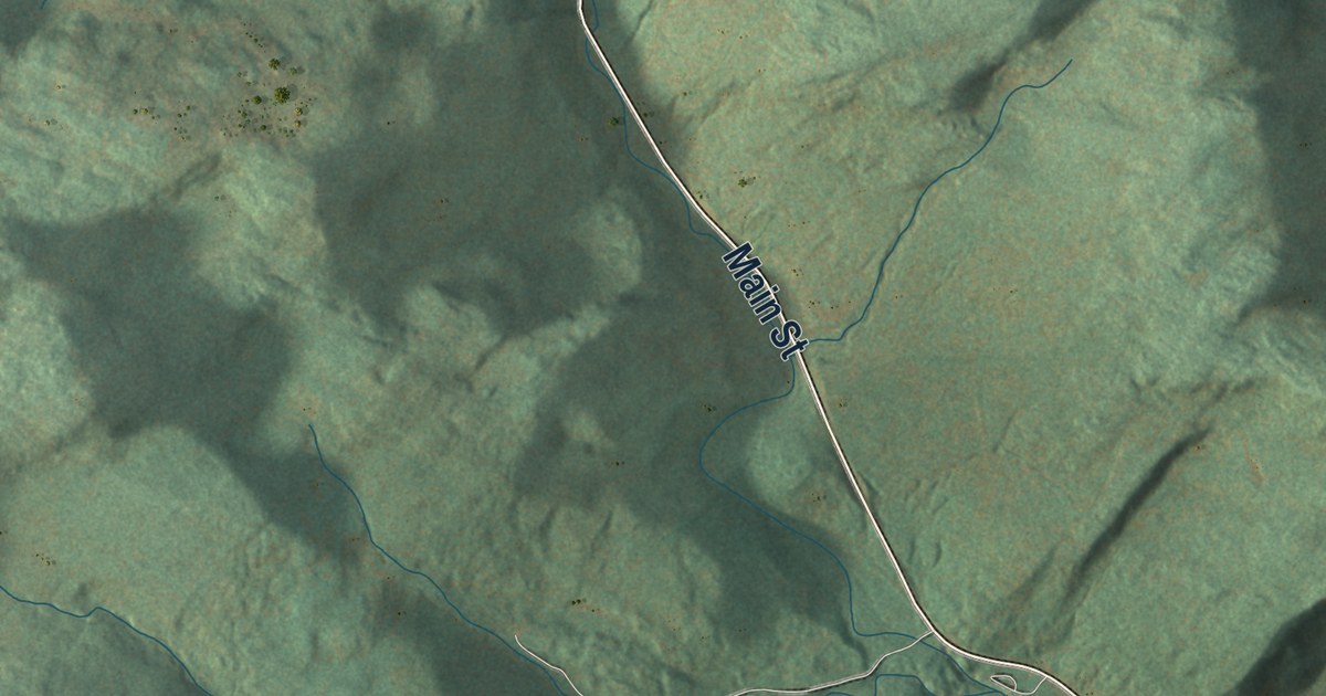 Close-up of streets and buildings in Sandy River, Maine