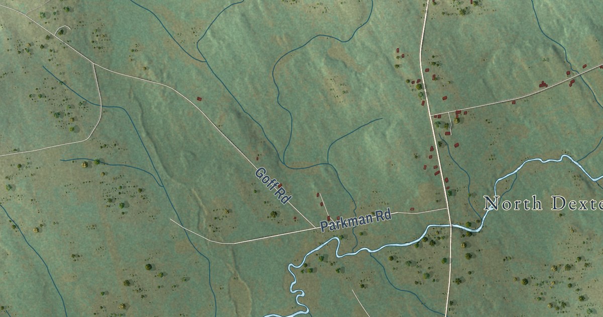 Close-up of streets and buildings in Sangerville, Maine