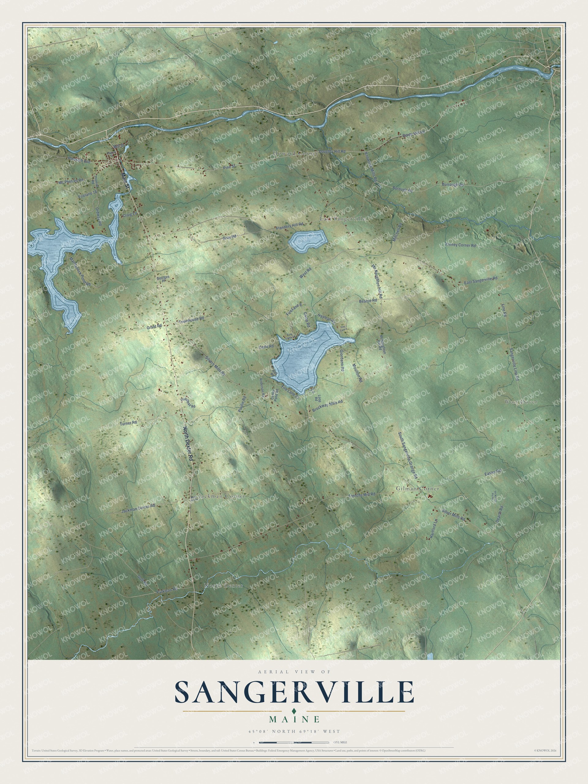 Protected watermarked complete map of Sangerville, Maine
