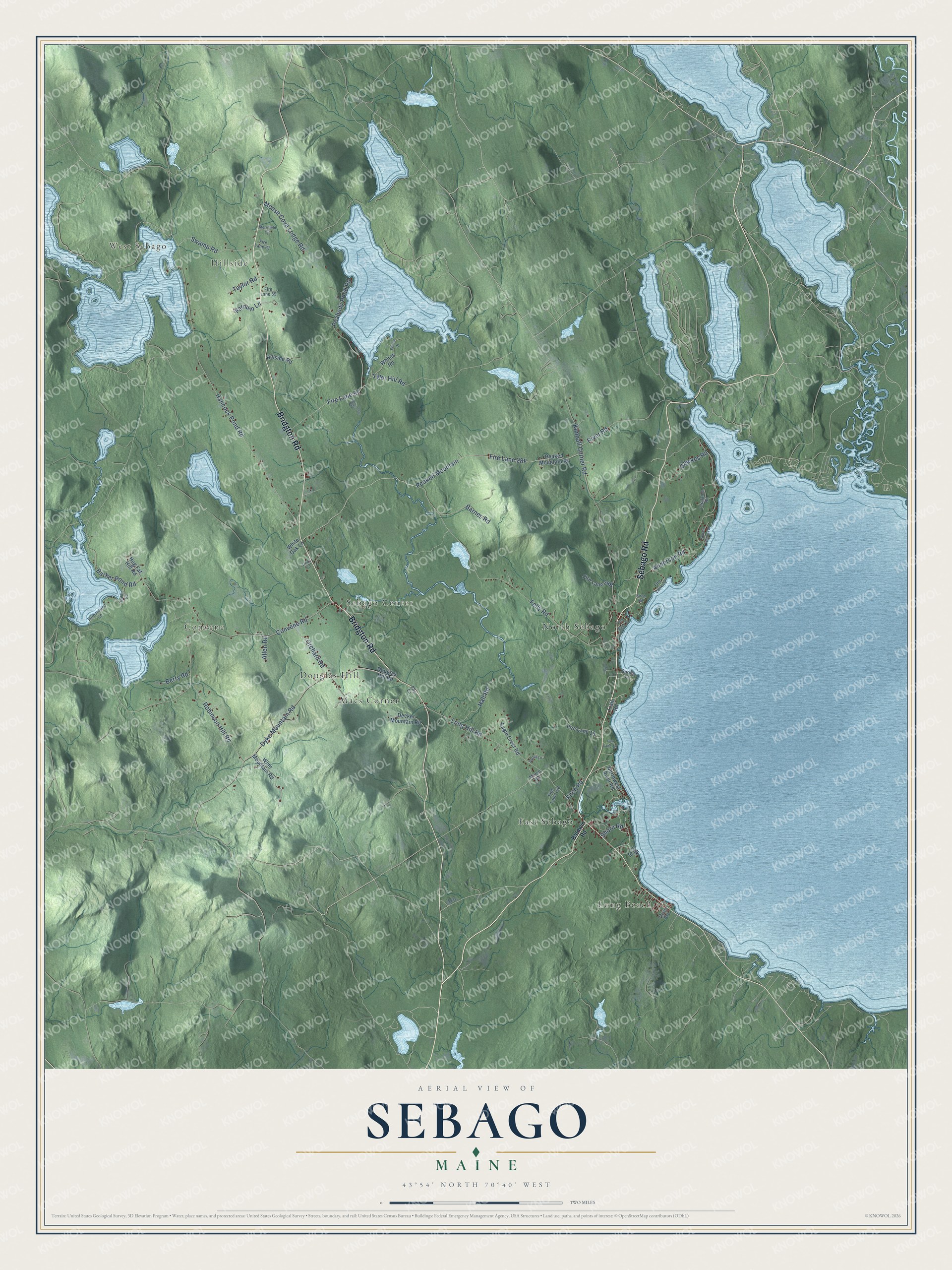 Protected watermarked complete map of Sebago, Maine