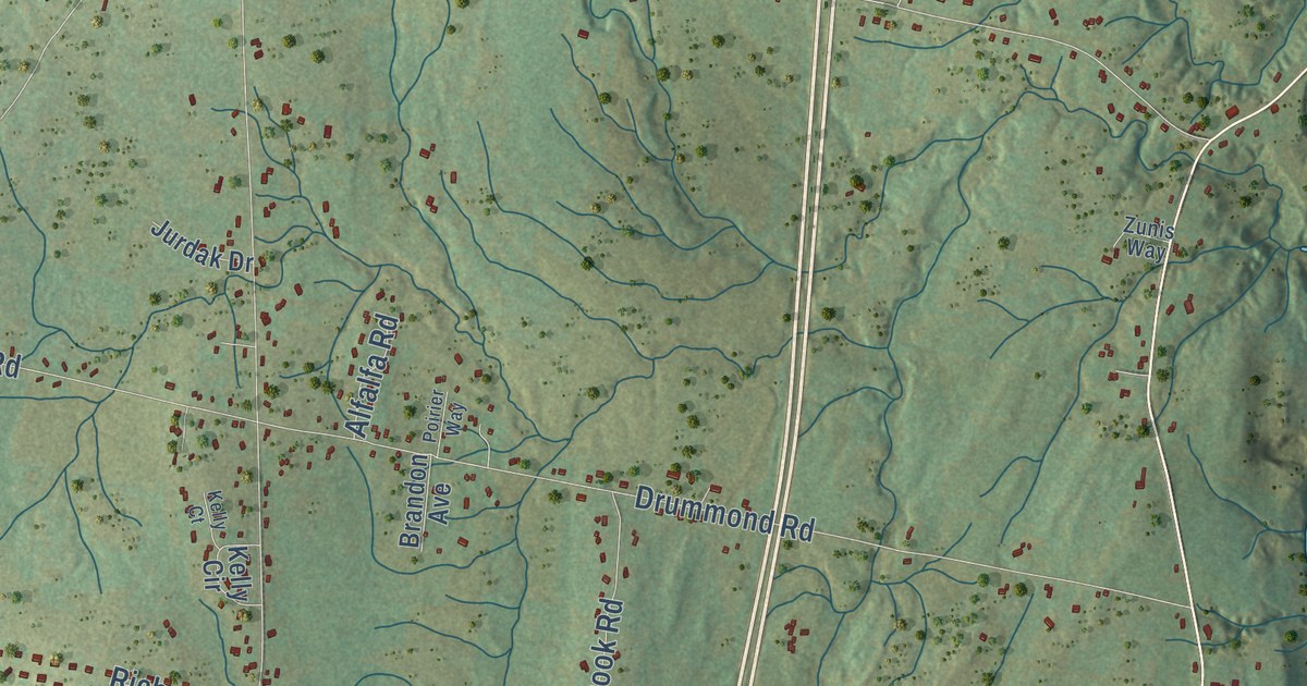 Close-up of streets and buildings in Sidney, Maine