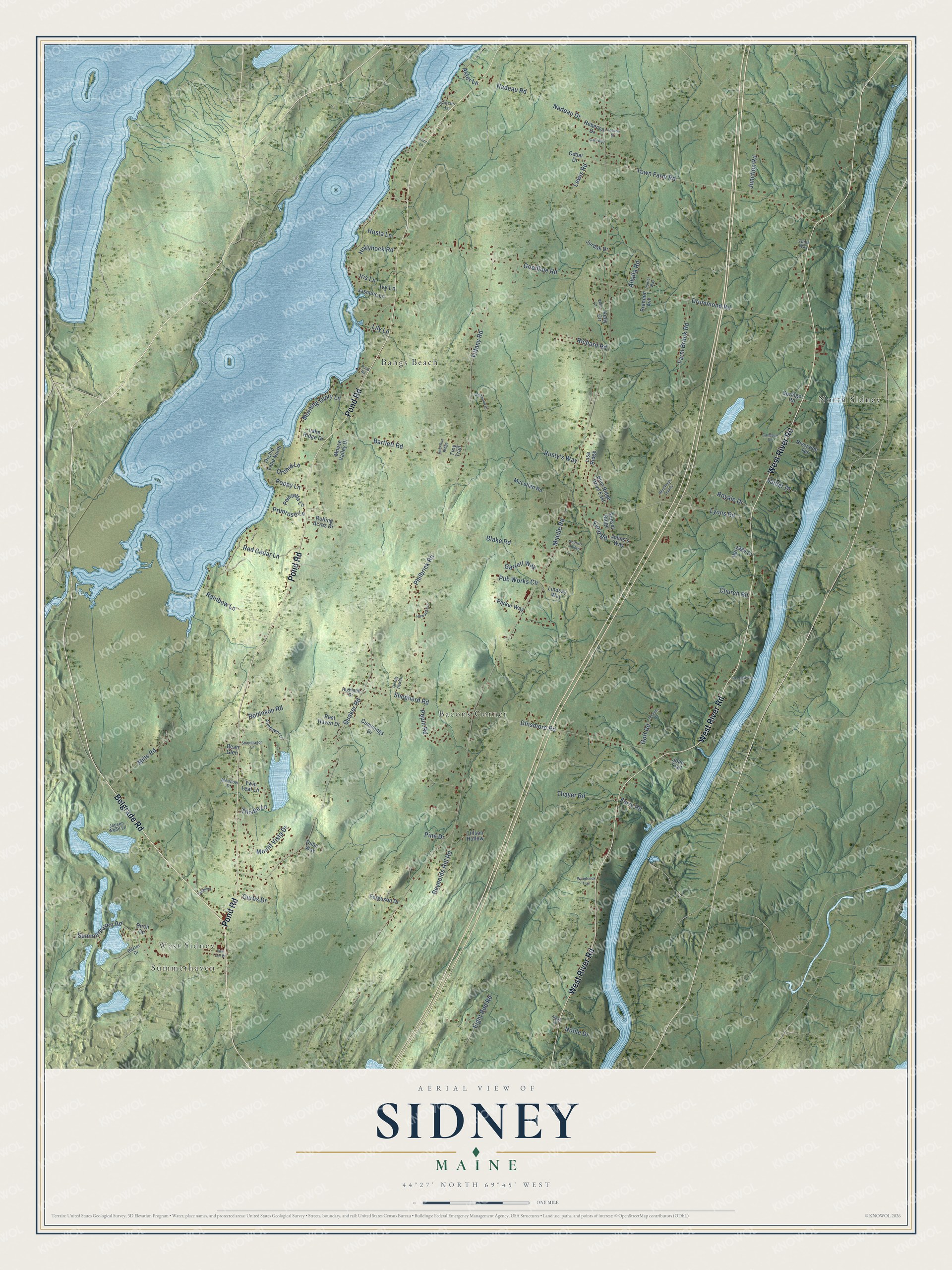 Protected watermarked complete map of Sidney, Maine