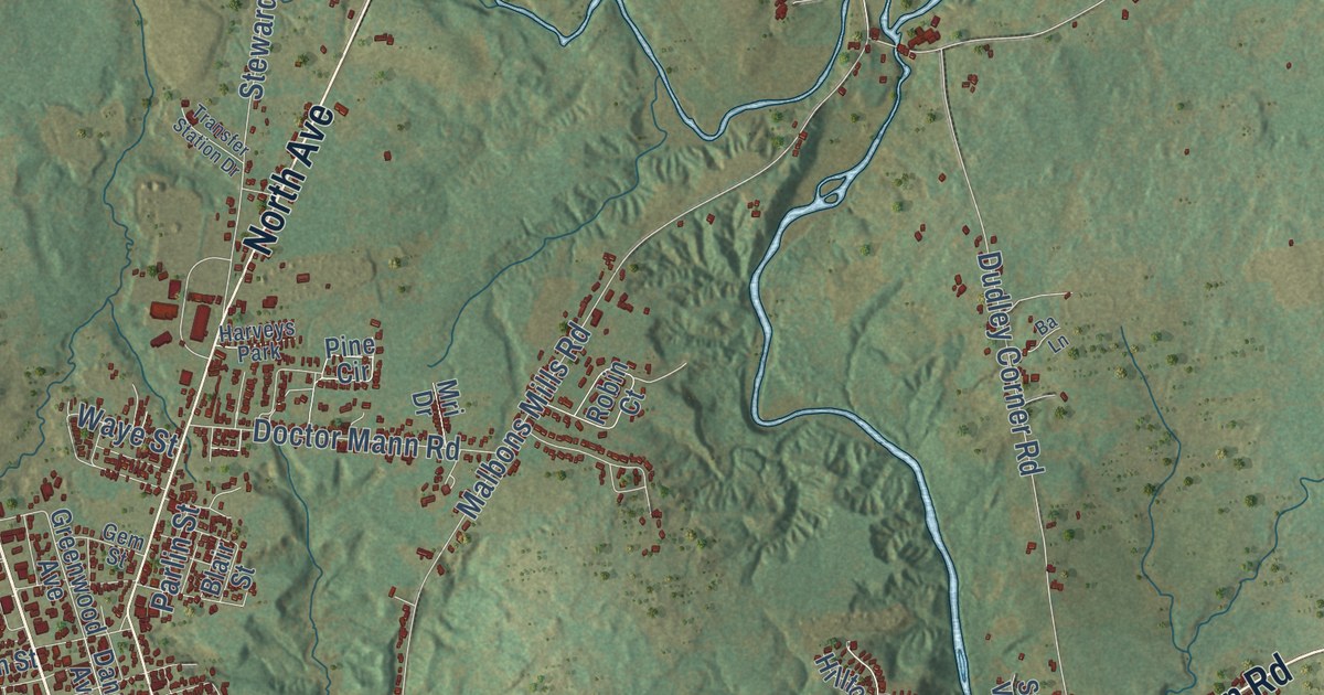 Close-up of streets and buildings in Skowhegan, Maine