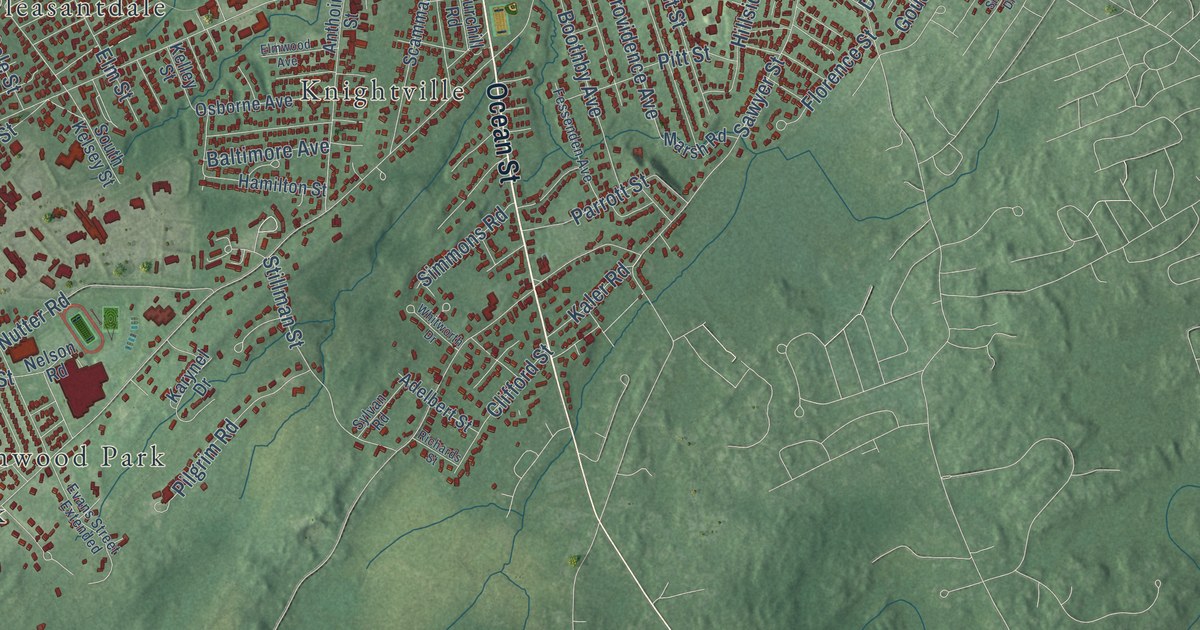 Close-up of streets and buildings in South Portland, Maine