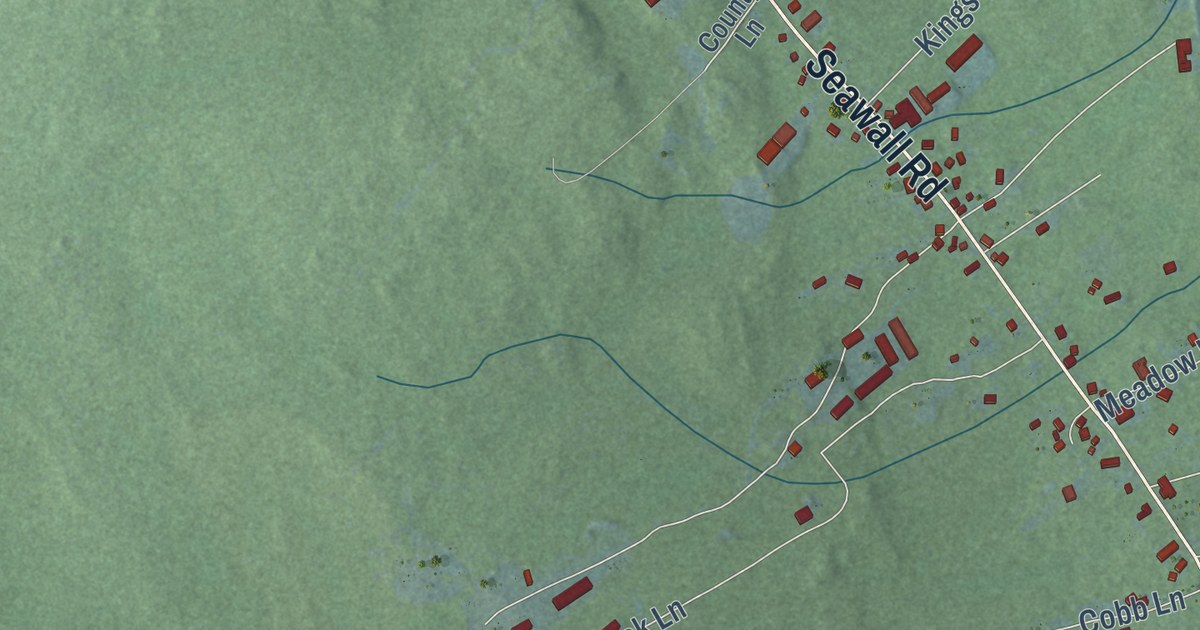 Close-up of streets and buildings in Southwest Harbor, Maine