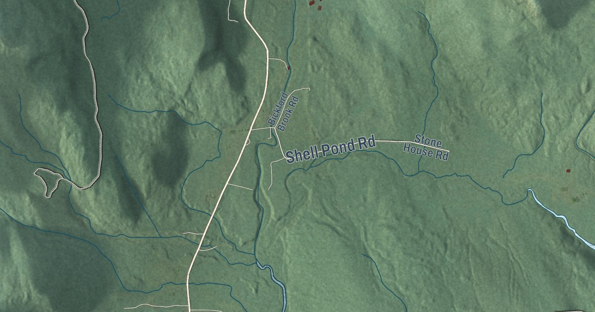 Close-up of streets and buildings in Stow, Maine