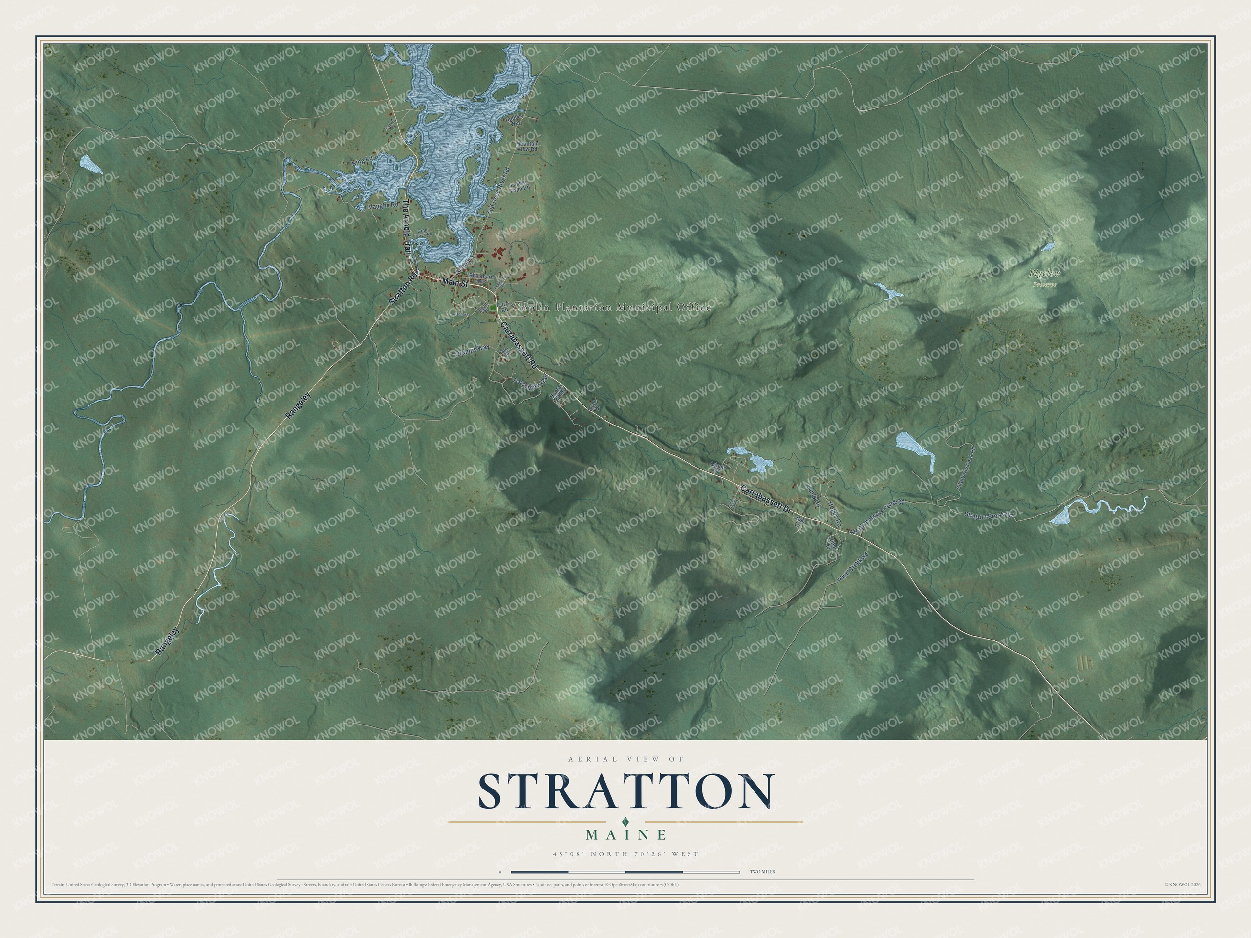 Full map of Stratton, Maine, with red buildings, printed street names and the land around them