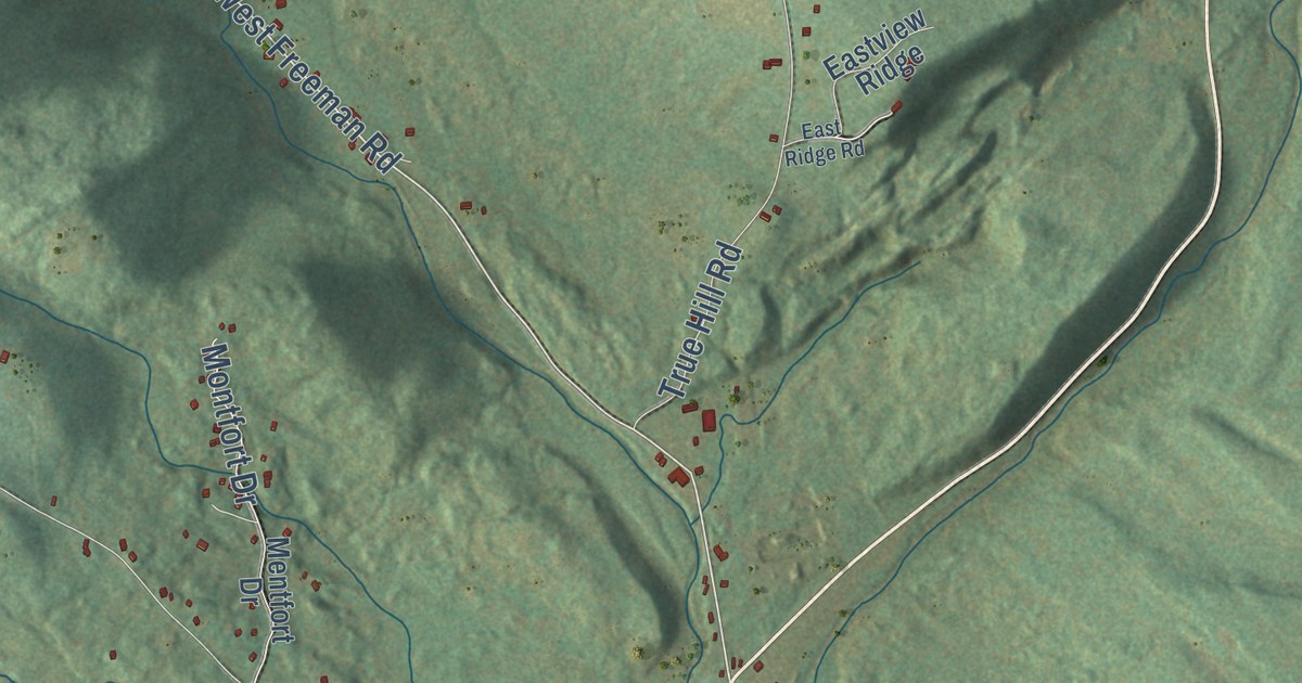 Close-up of streets and buildings in Strong, Maine