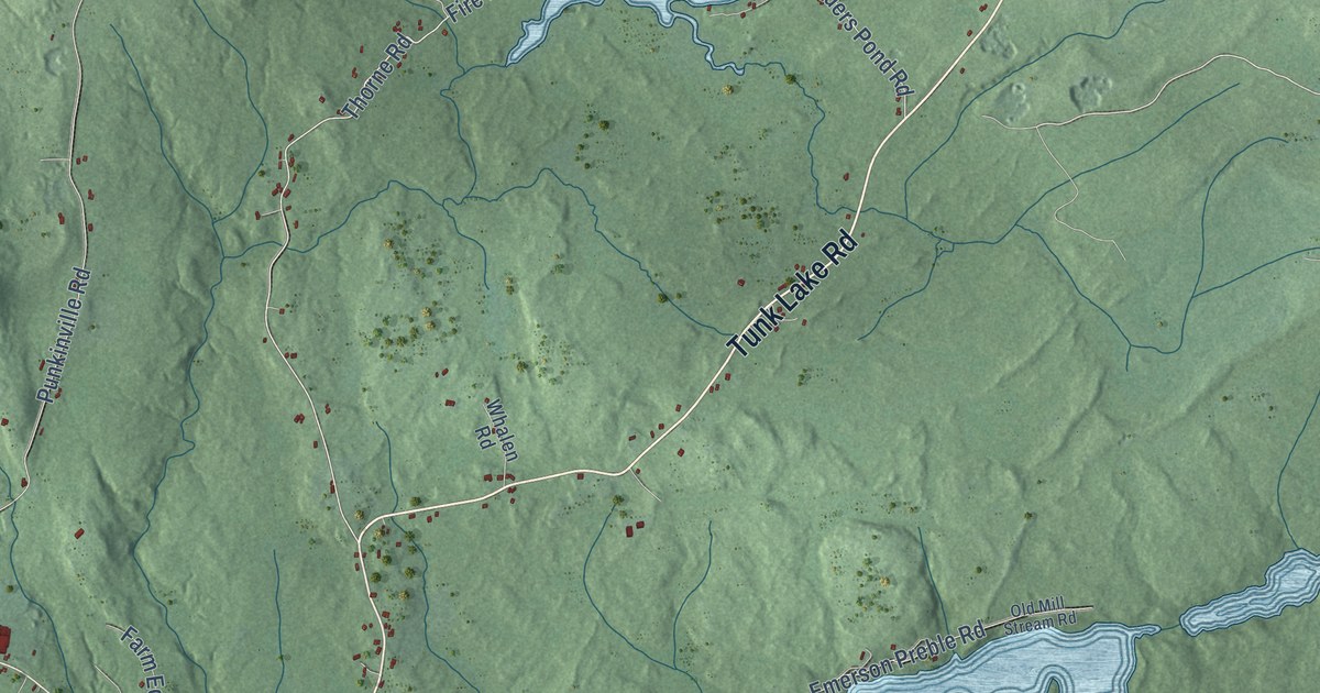 Close-up of streets and buildings in Sullivan, Maine