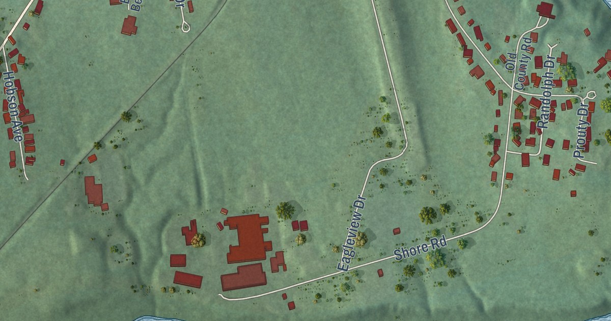 Close-up of streets and buildings in Veazie, Maine