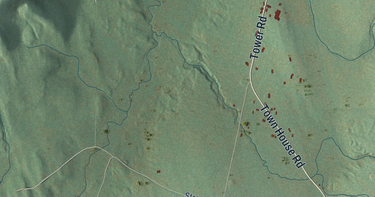 Close-up of streets and buildings in Vienna, Maine