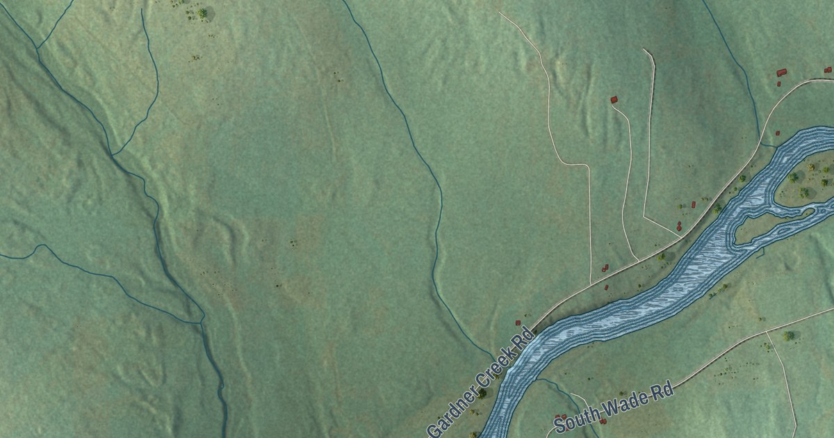Close-up of streets and buildings in Wade, Maine