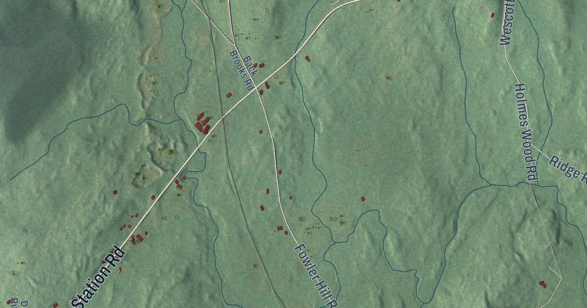 Close-up of streets and buildings in Waldo, Maine