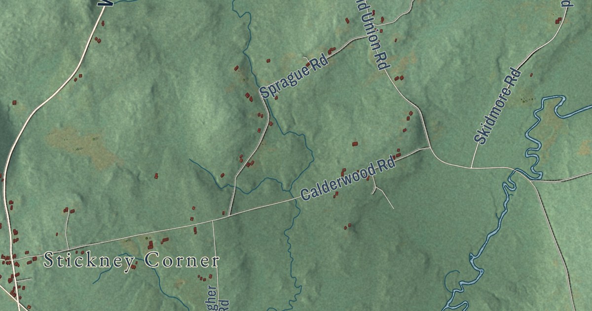 Close-up of streets and buildings in Washington, Maine