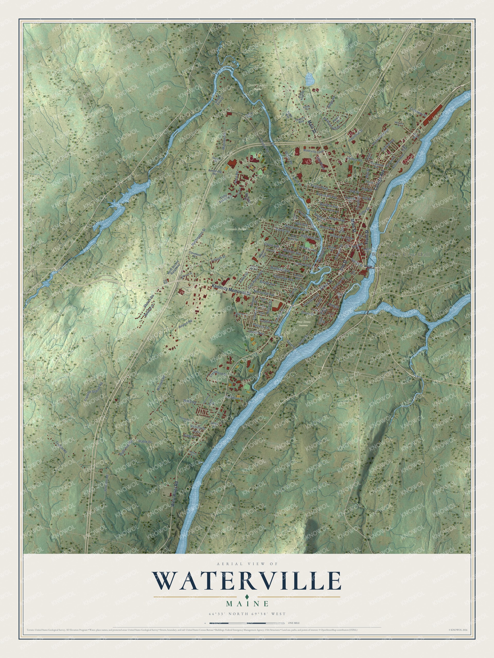 Protected watermarked complete map of Waterville, Maine