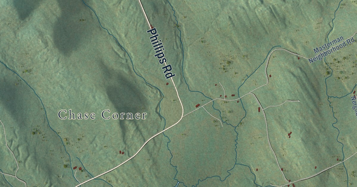 Close-up of streets and buildings in Weld, Maine