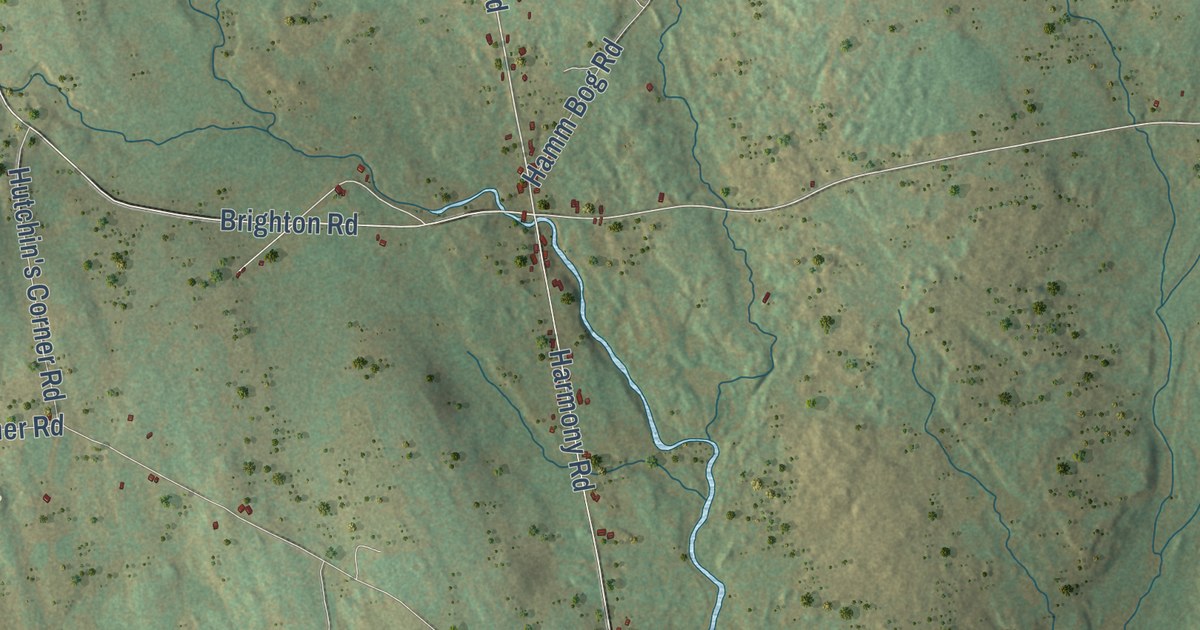 Close-up of streets and buildings in Wellington, Maine