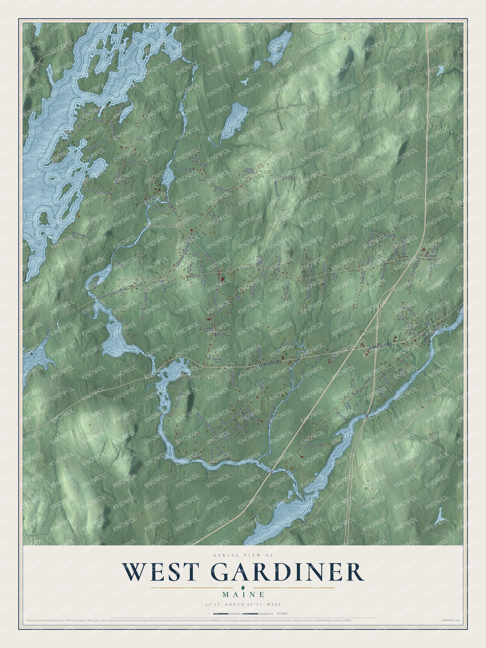 Protected watermarked complete map of West Gardiner, Maine