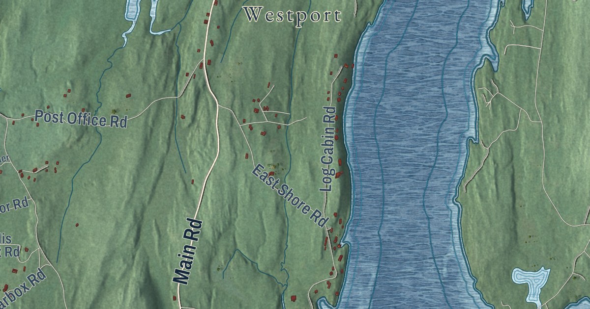 Close-up of streets and buildings in Westport Island, Maine