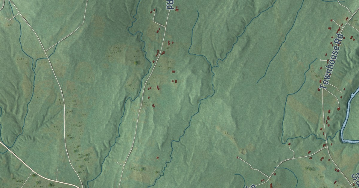 Close-up of streets and buildings in Whitefield, Maine
