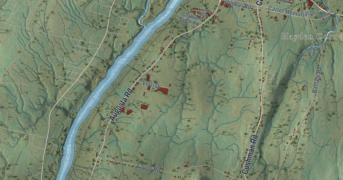 Close-up of streets and buildings in Winslow, Maine