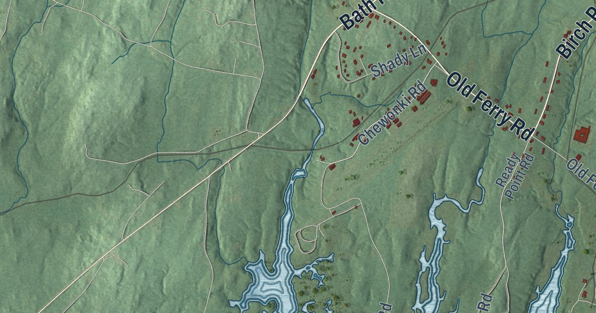 Close-up of streets and buildings in Wiscasset, Maine