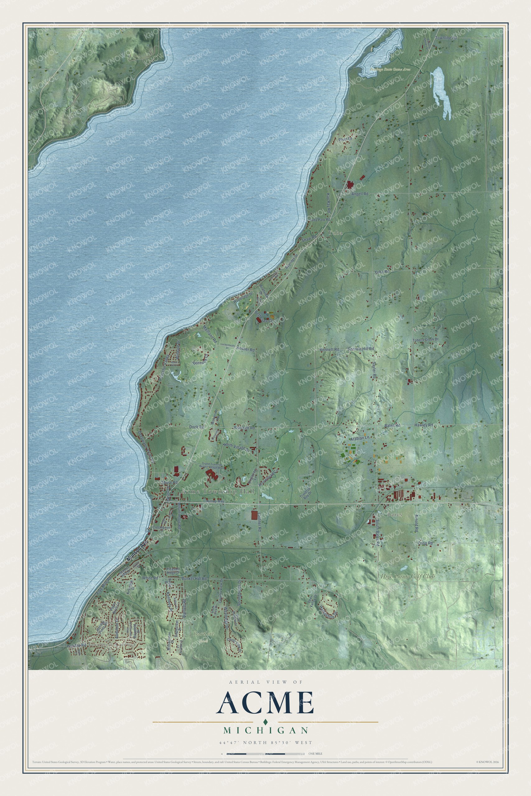 Full map of Acme, Michigan, with red buildings, printed street names and the land around them