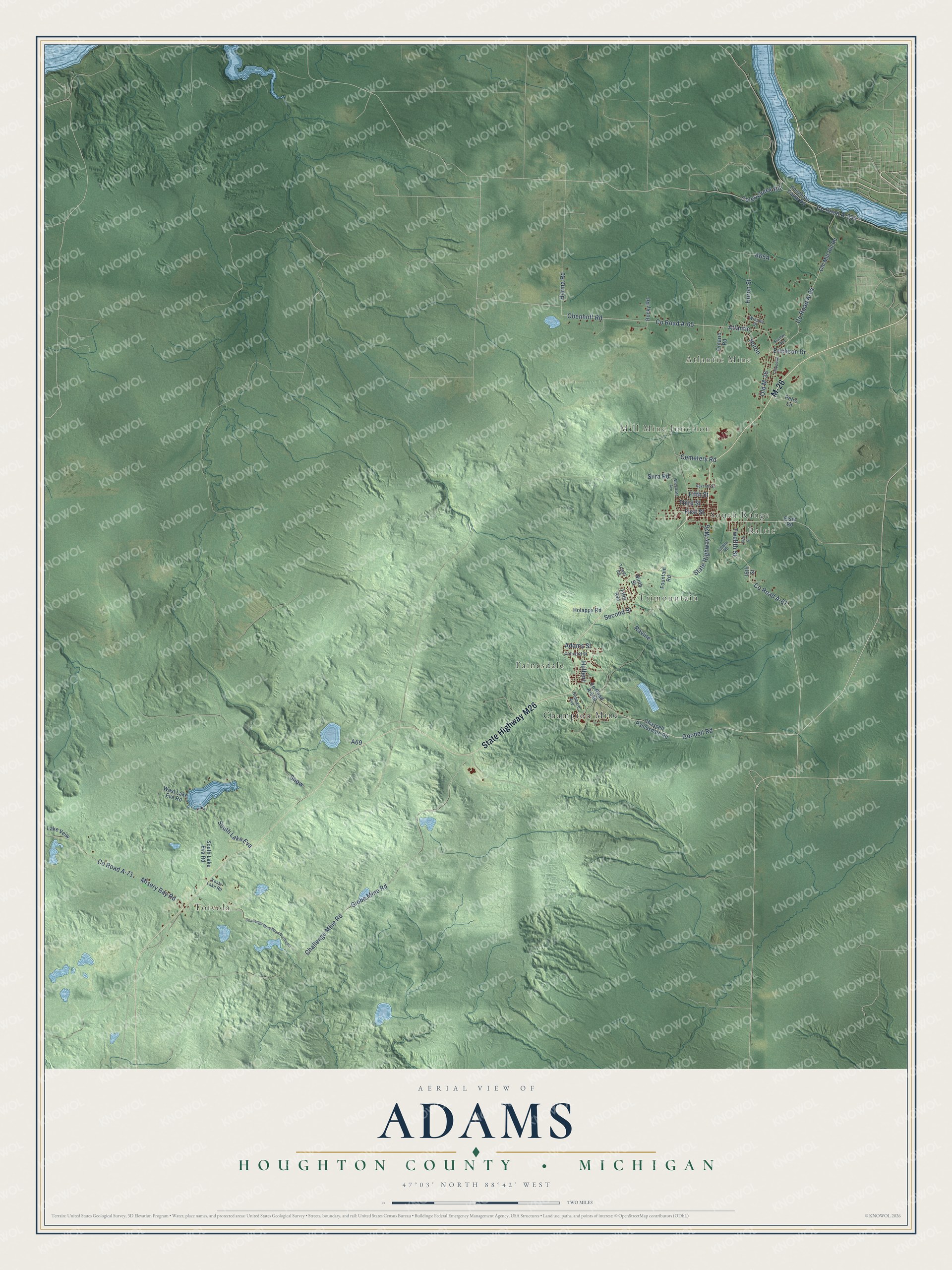 Full map of Adams, Michigan, with red buildings, printed street names and the land around them