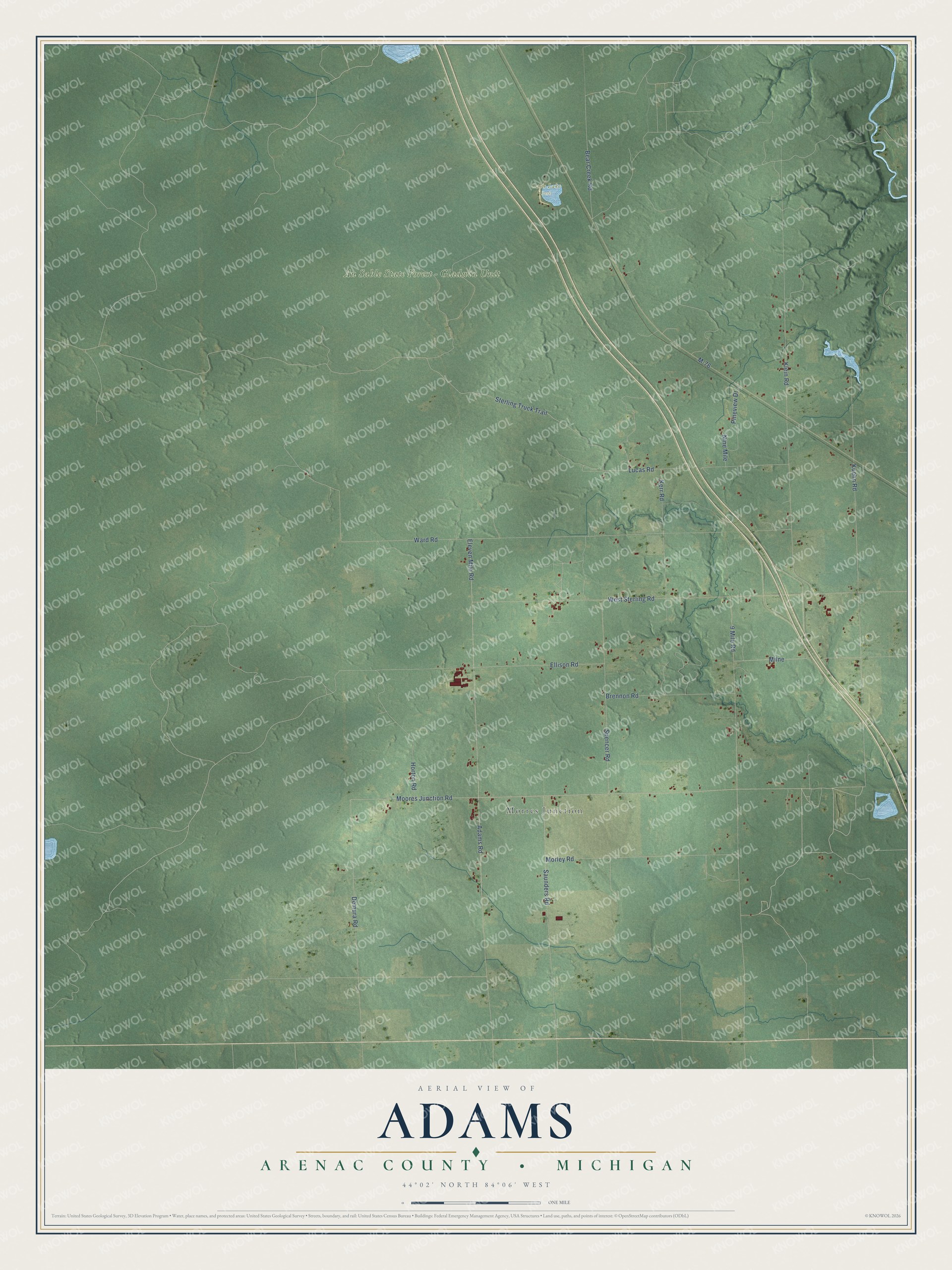 Full map of Adams, Michigan, with red buildings, printed street names and the land around them