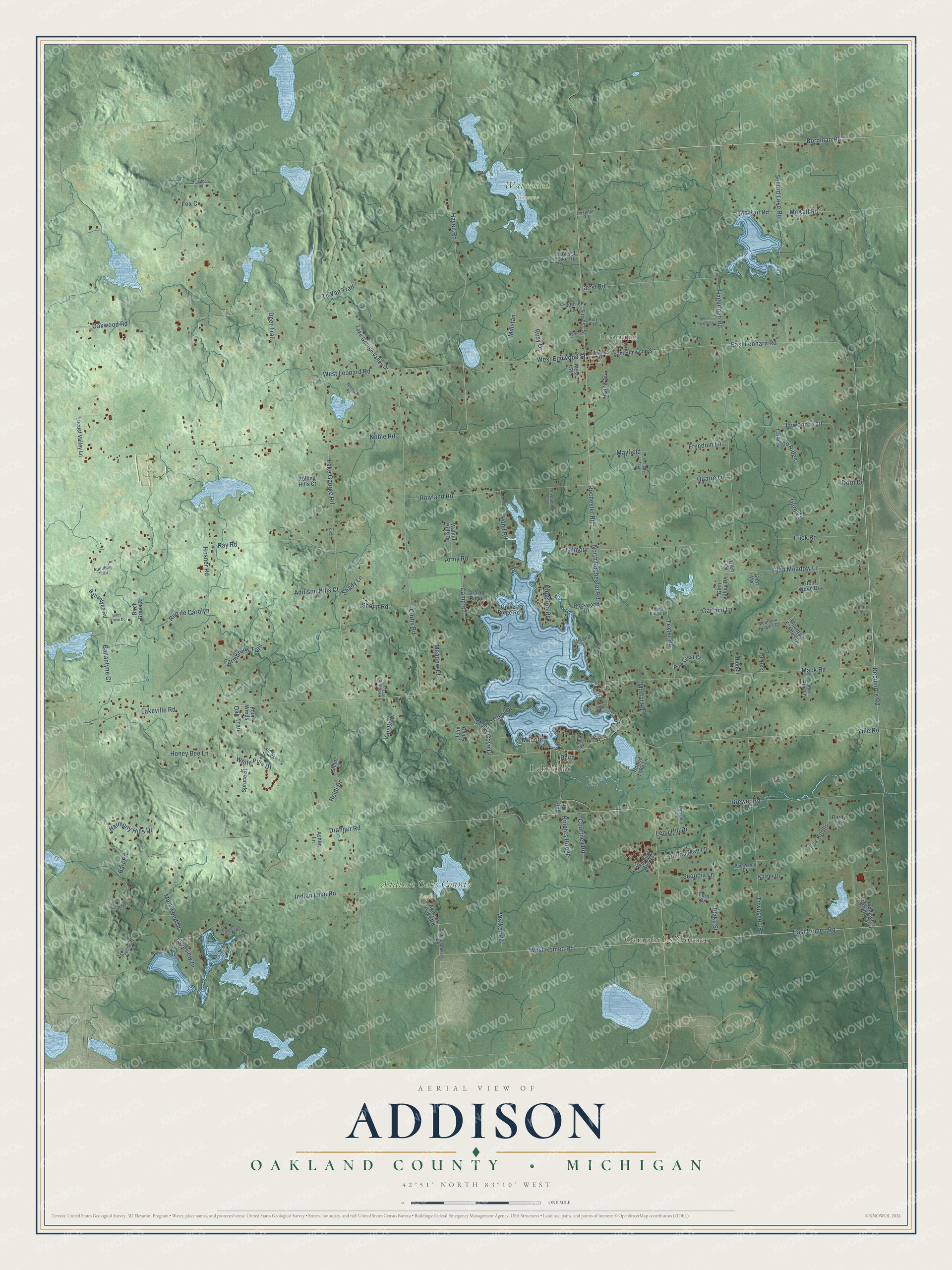 Full map of Addison, Michigan, with red buildings, printed street names and the land around them