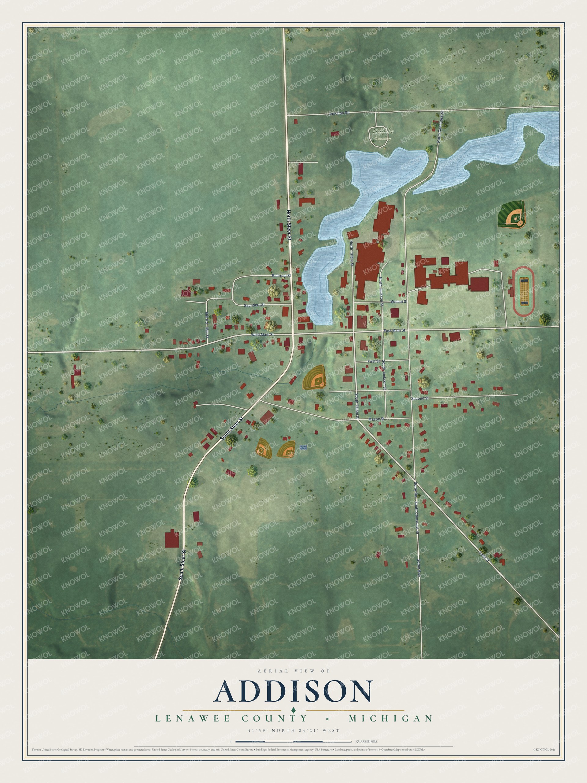 Full map of Addison, Michigan, with red buildings, printed street names and the land around them